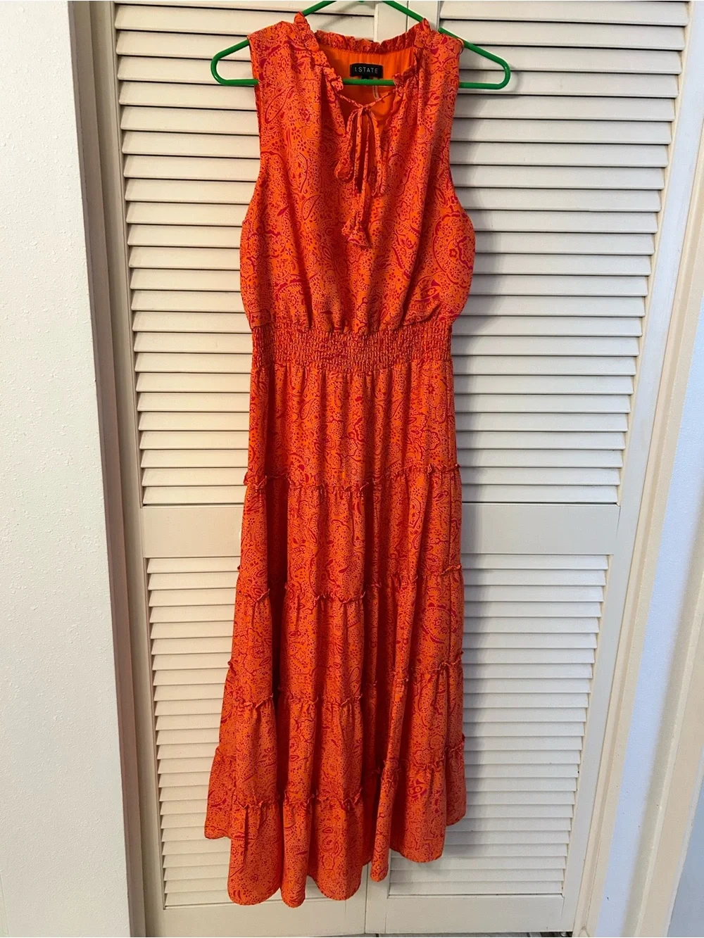 1. State Orange Tie-Neck Tiered Maxi Dress paisley